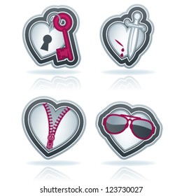 Valentine time concept icons depicting different love issues, from left to right, top to bottom: Key heart, Knife heart, Zipped heart, Sunglasses heart.