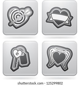 Valentine time concept icons depicting different love issues, from left to right, top to bottom: Dart heart, Ribbon heart, Key heart, Saint heart.