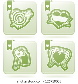 Valentine time concept icons depicting different love issues, from left to right, top to bottom: Dart heart, Ribbon heart, Key heart, Saint heart.