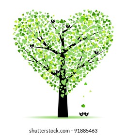 Valentine tree with hearts leaves and birds