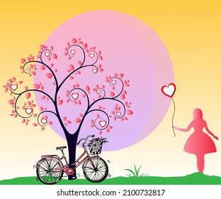 Valentine Tree with Love Heart,young girl with heart, bicycle,Valentine' Day concept, Vector Illustration 