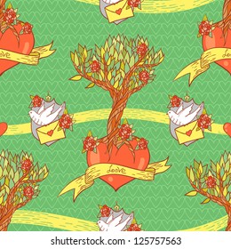 Valentine tree pattern background. Seamless texture with trees, pigeons and hearts.