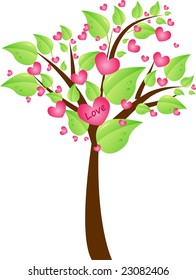 Valentine tree with pretty green leaves and hearts in tree crown with sign "love". Valentine day design element.