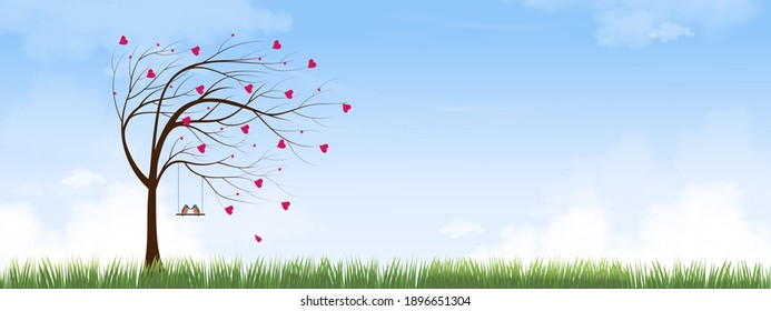 Valentine tree with red heart leaves and couple Kingfisher bird standing on swing in grass fields, Single Love tree blowing by the wind. Vector minimal greeting card for Valentine or Wedding