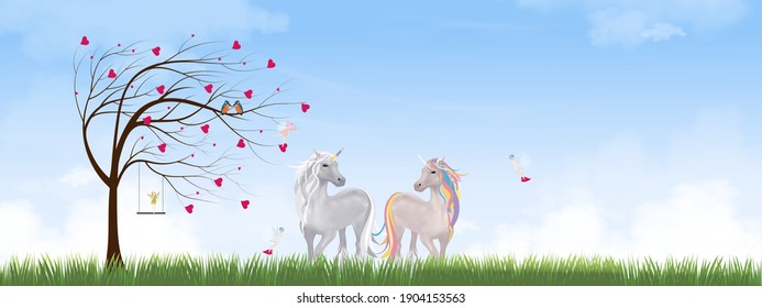 Valentine tree with red heart leaves  in grass fields, Unicorn lover, Couple Kingfisher bird, cute little fairies flying and standing on swingVector minimal greeting card for Valentine or Wedding