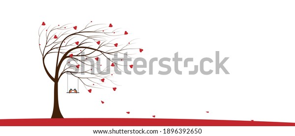 Valentine tree with red heart leaves and couple\
Kingfisher bird standing on swing on white background, Single Love\
tree blowing by the wind. Vector minimal greeting card for\
Valentine or Wedding