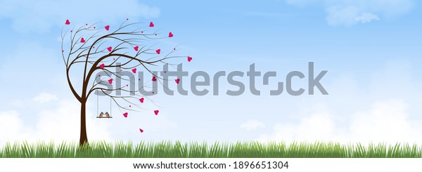 Valentine\
tree with red heart leaves and couple Kingfisher bird standing on\
swing in grass fields, Single Love tree blowing by the wind. Vector\
minimal greeting card for Valentine or\
Wedding