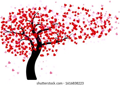 Valentine tree with red hearts isolated on white background. Vector illustration.