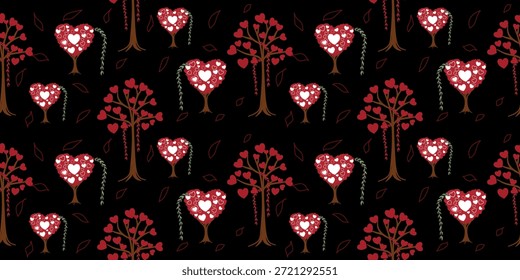 Patrón inconsútil del árbol de San Valentín con las hojas rojas del corazón en fondo negro
