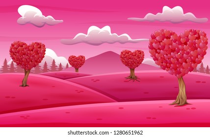 Valentine trees landscape with heart shaped leaves