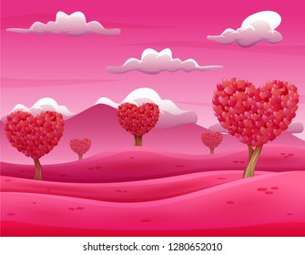 Valentine trees landscape with heart shaped leaves