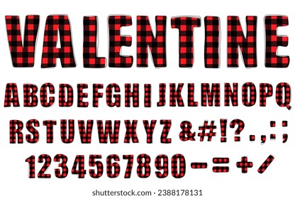 Valentine trendy alphabet. Hand drawn doodle font with Tartan plaid in red and black. Modern Uppercase letters, numbers and punctuation marks. For poster, banner, T shirt. Valentines day. Vector