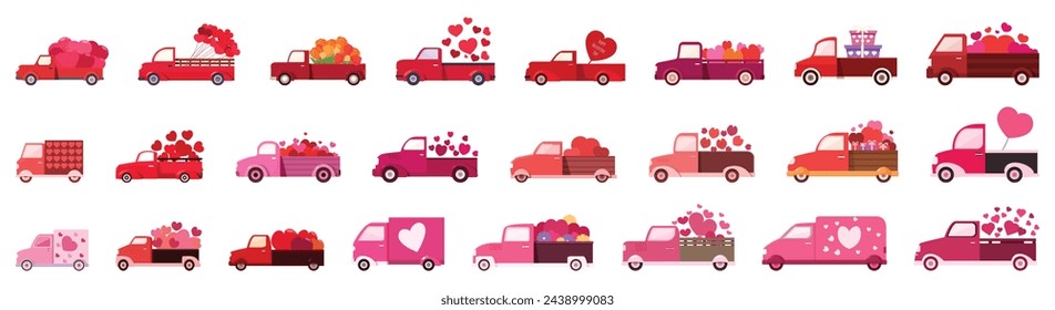 Valentine truck icons set cartoon vector. Pink heart day. Delivery car gifts