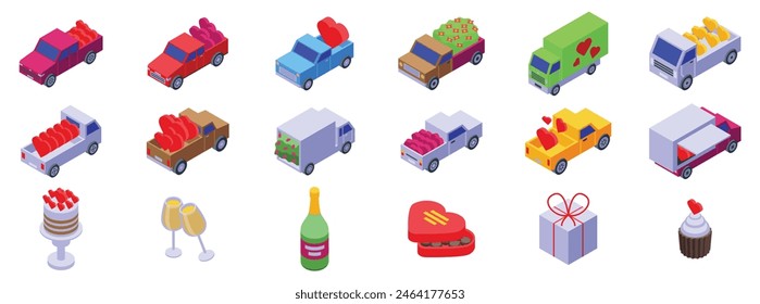 Valentine truck vector. A collection of cars and trucks with a heart on the right side. The heart is surrounded by a red ribbon