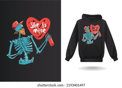 Valentine t-shirt vector, she is mine skeleton vector art, hoodie design