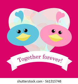 Valentine, two birds and a heart. Together forever. Postcard to Valentine's Day