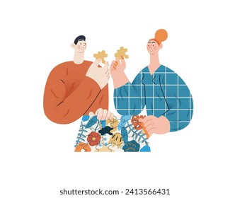 Valentine: Unexpected Match -modern flat vector concept illustration of a couple with duplicate puzzle pieces, a twist in their completion. Metaphor for life's surprising coincidences in relationships