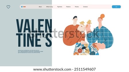 Valentine: Unexpected Match -modern flat vector concept illustration of a couple with duplicate puzzle pieces, a twist in their completion. Metaphor for life's surprising coincidences in relationships