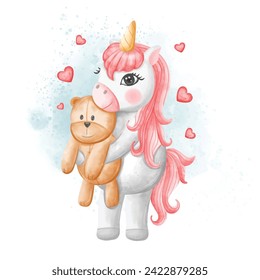 Valentine Unicorn carrying a teddy bear