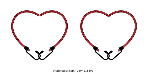 Valentine, valentines day. Love heart with elastic with hook. Cord with Hooks. Spider sign. Rope icon. For Braided elastic strap with hooks. Elastic band. Bungee cords. Rubber strap with steel hooks. 