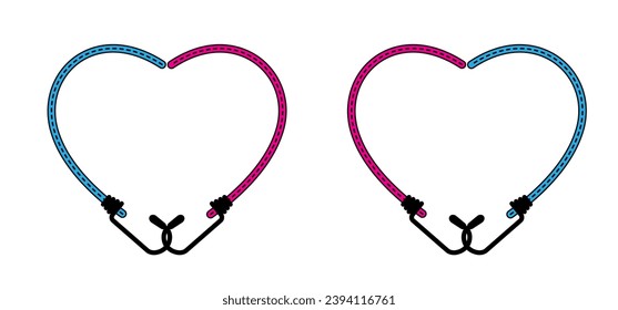 Valentine, valentines day. Love heart with elastic with hook. Cord with Hooks. Spider sign. Rope icon. For Braided elastic strap with hooks. Elastic band. Bungee cords. Rubber strap with steel hooks. 