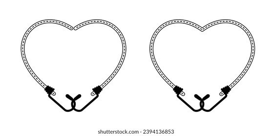 Valentine, valentines day. Love heart with elastic with hook. Cord with Hooks. Spider sign. Rope icon. For Braided elastic strap with hooks. Elastic band. Bungee cords. Rubber strap with steel hooks. 