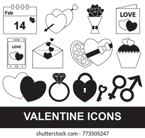 Valentine or Valentines Day set, pack or collection. Concept for love, passion with hearts, bouquet, calendar, postcard, letter and mobile phone. Also chocolate box, muffin, cupcake and gender icons