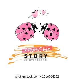 Valentine vector background. Love, heart, kids drawing, ladybug couple. Cute design elements for beauty print, greeting card, invitation, fashion sale banner.