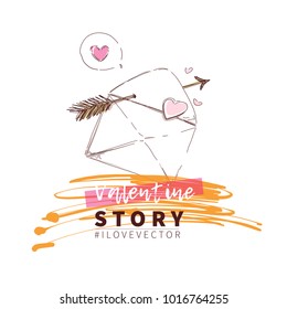 Valentine vector background. Love, heart, letter, cupid arrow cute design elements for beauty print, greeting card, invitation, fashion sale banner.