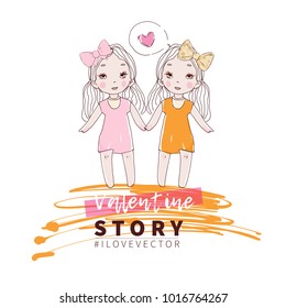 Valentine vector background. Love, heart, kids, baby girls, twin sisters. Cute design elements for beauty print, greeting card, invitation, fashion sale banner.