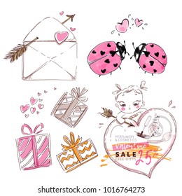 Valentine vector background. Love, heart, gift box, kids, letter, cupid, arrow, ribbon, ladybug, couple. Cute design elements for beauty print, greeting card, invitation, fashion sale banner.
