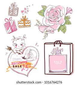 Valentine vector background. Love, heart, gift box, baby cupid, ribbon, rose flower, perfume bottle bag sale. Cute design elements for beauty print, greeting card, invitation, fashion sale banner.