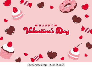 fondo vectorial valentino con postres dulces y corazones para carteles, tarjetas, volantes, fondos de pantalla de medios sociales, etc.