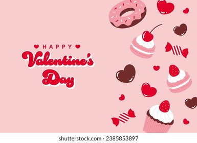 valentine vector background with sweet desserts and hearts for banners, cards, flyers, social media wallpapers, etc.