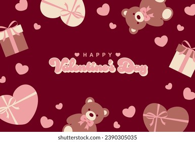 valentine vector background with teddy bears, gift boxes and hearts for banners, cards, flyers, social media wallpapers, etc.