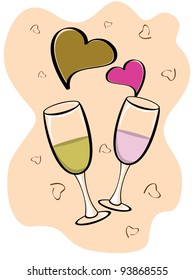 Valentine vector background with two glasses of wine and heart shapes in brown and magenta color.