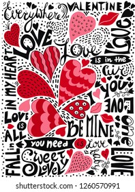 Valentine vector card. Love theme illustration. Hand drawn lettering and calligraphy quotes and words about love. Vector hearts with ornament and dots.