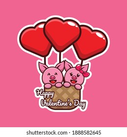 valentine vector character design of cute pig riding a love air ballon 