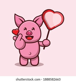 valentine vector character design of cute pig with finger heart and love greeting board
