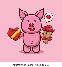 valentine vector character design of cute pig holding valentine gift and love bouquet