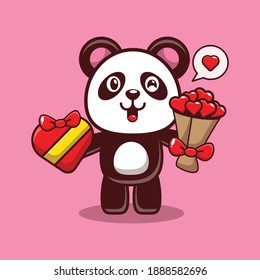 valentine vector character design of cute panda holding valentine gift and love bouquet