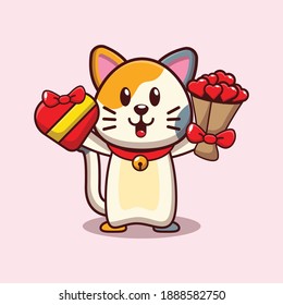 valentine vector character design of cute cat holding valentine gift and love bouquet
