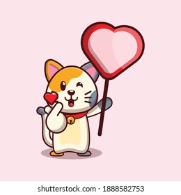 valentine vector character design of cute cat with finger heart and love greeting board