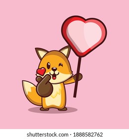 valentine vector character design of cute fox with finger heart and love greeting board