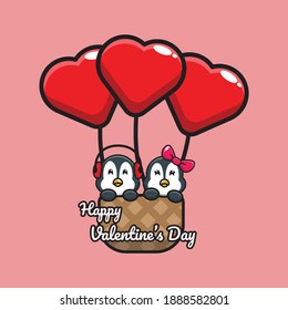 valentine vector character design of cute penguin riding a love air ballon