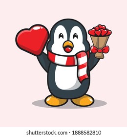 valentine vector character design of cute penguin holding heart and love bouquet
