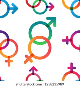 Valentine vector colorful seamless pattern with gender symbols. Color transitions and simple shape, trend 2019