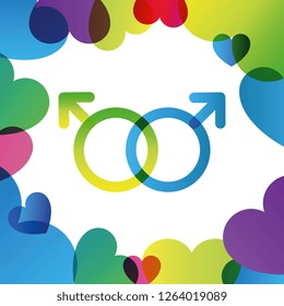 Valentine vector colorful square frame. Gender symbols and simple heart shape. Color transitions trend 2019, white background