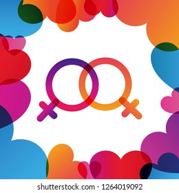 Valentine vector colorful square frame. Lettering and simple heart shape. Gender symbols and simple heart shape. Color transitions trend 2019, white background