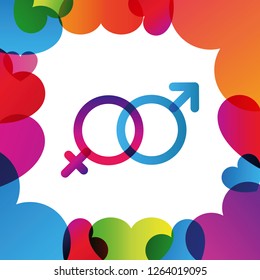 Valentine vector colorful square frame. Lettering and simple heart shape. Gender symbols and simple heart shape. Color transitions trend 2019, white background